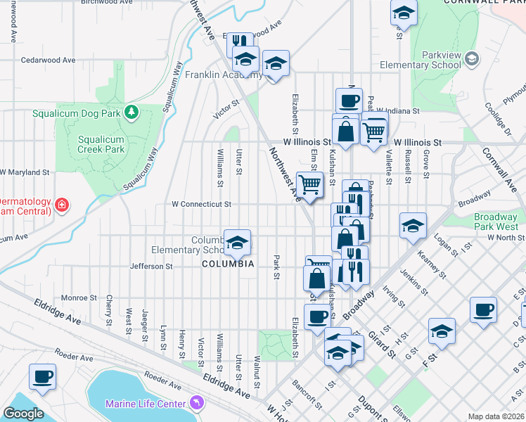 map of restaurants, bars, coffee shops, grocery stores, and more near 2612 Walnut Street in Bellingham