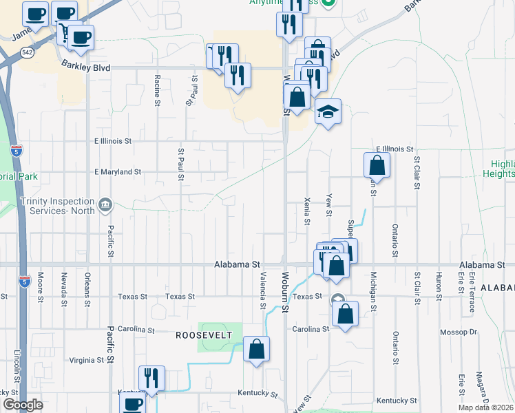 map of restaurants, bars, coffee shops, grocery stores, and more near 2626 Valencia Street in Bellingham