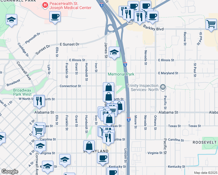 map of restaurants, bars, coffee shops, grocery stores, and more near 2640 James Street in Bellingham