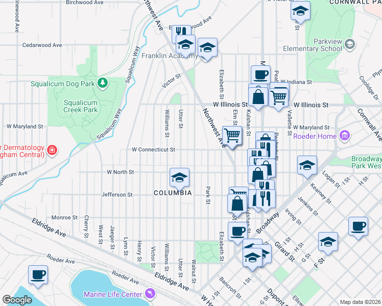 map of restaurants, bars, coffee shops, grocery stores, and more near 2612 Walnut Street in Bellingham