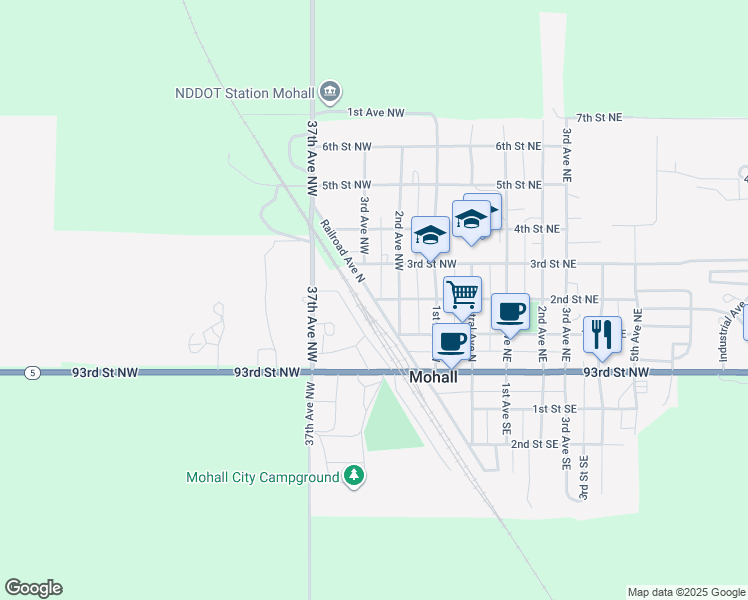 map of restaurants, bars, coffee shops, grocery stores, and more near 301 Railroad Avenue North in Mohall