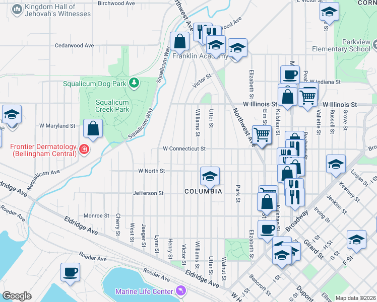 map of restaurants, bars, coffee shops, grocery stores, and more near 2613 Williams Street in Bellingham