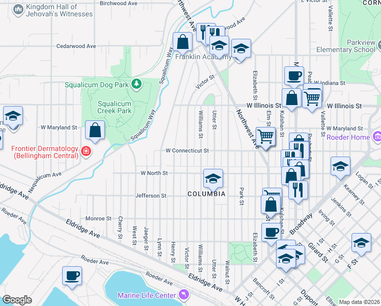 map of restaurants, bars, coffee shops, grocery stores, and more near 2613 Williams Street in Bellingham
