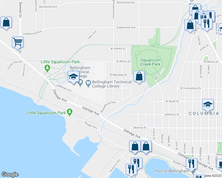 map of restaurants, bars, coffee shops, grocery stores, and more near 2618 Patton Street in Bellingham