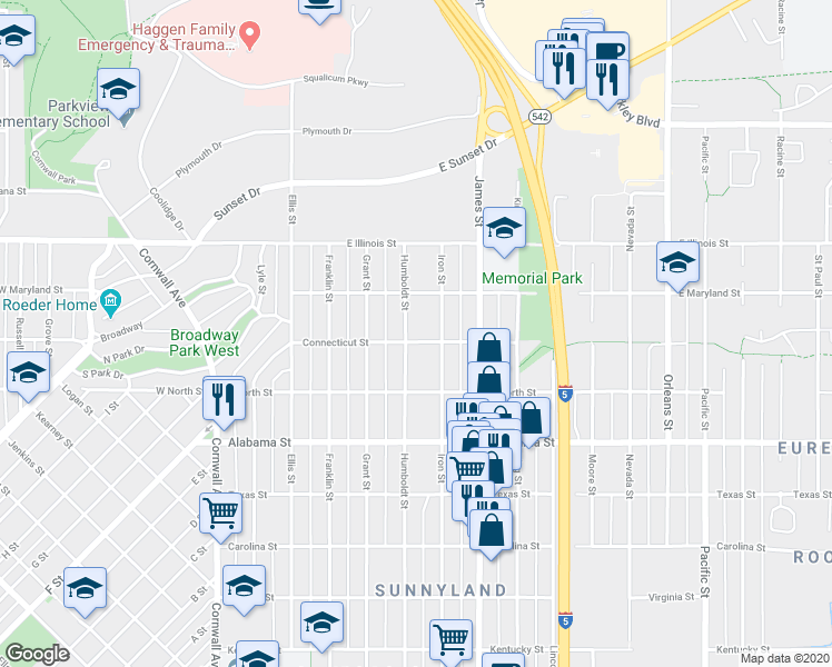 map of restaurants, bars, coffee shops, grocery stores, and more near 2732 Humboldt Street in Bellingham