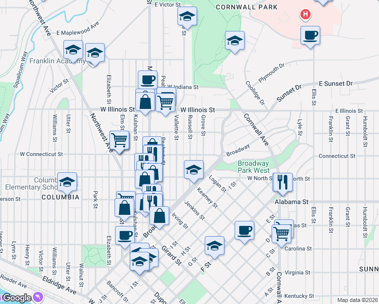 map of restaurants, bars, coffee shops, grocery stores, and more near 2720 Russell Street in Bellingham
