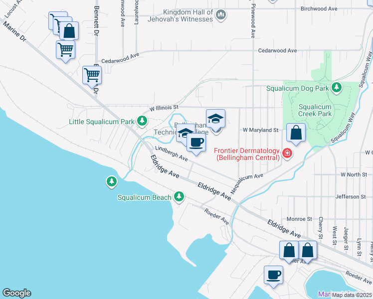 map of restaurants, bars, coffee shops, grocery stores, and more near 3028 Lindbergh Avenue in Bellingham