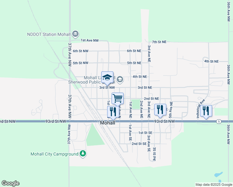 map of restaurants, bars, coffee shops, grocery stores, and more near 49-99 3rd Street Northwest in Mohall