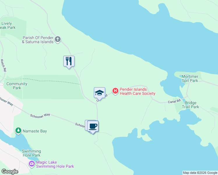 map of restaurants, bars, coffee shops, grocery stores, and more near 5714 Canal Road in Pender Island