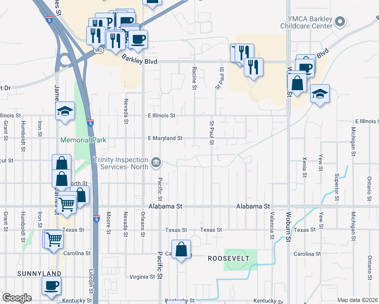 map of restaurants, bars, coffee shops, grocery stores, and more near 1516 East Maryland Street in Bellingham