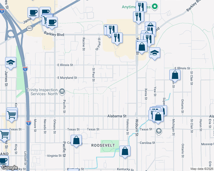 map of restaurants, bars, coffee shops, grocery stores, and more near 1812 East Maryland Street in Bellingham