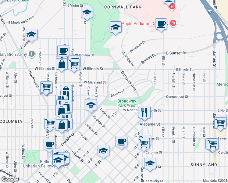 map of restaurants, bars, coffee shops, grocery stores, and more near 2600 Sunset Drive in Bellingham