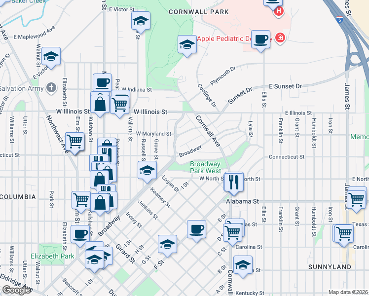map of restaurants, bars, coffee shops, grocery stores, and more near 2620 Sunset Drive in Bellingham