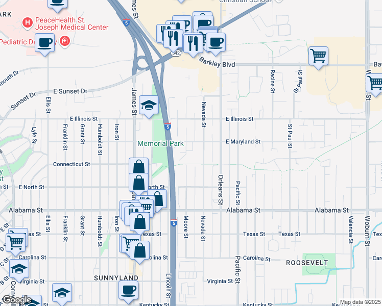 map of restaurants, bars, coffee shops, grocery stores, and more near 1104 East Maryland Street in Bellingham