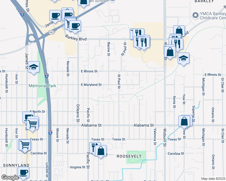 map of restaurants, bars, coffee shops, grocery stores, and more near 1608 East Maryland Street in Bellingham