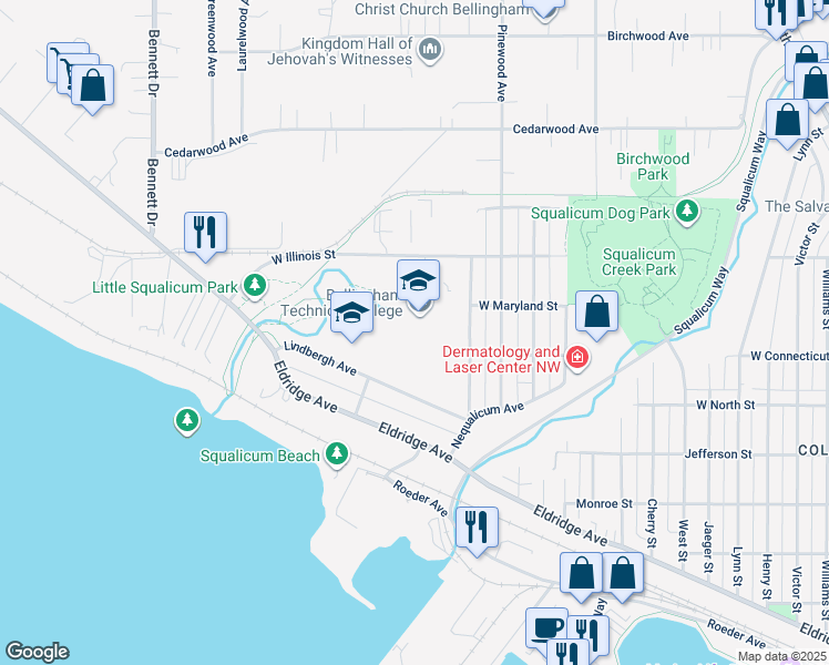 map of restaurants, bars, coffee shops, grocery stores, and more near 3028 Lindbergh Avenue in Bellingham