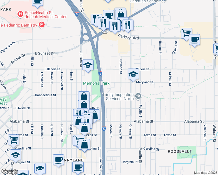 map of restaurants, bars, coffee shops, grocery stores, and more near 1018 East Maryland Street in Bellingham
