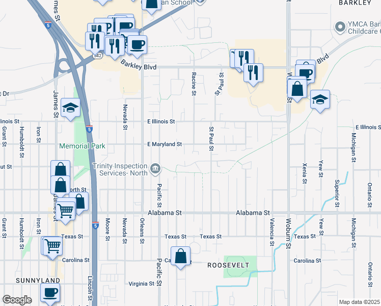 map of restaurants, bars, coffee shops, grocery stores, and more near 1540 East Maryland Street in Bellingham