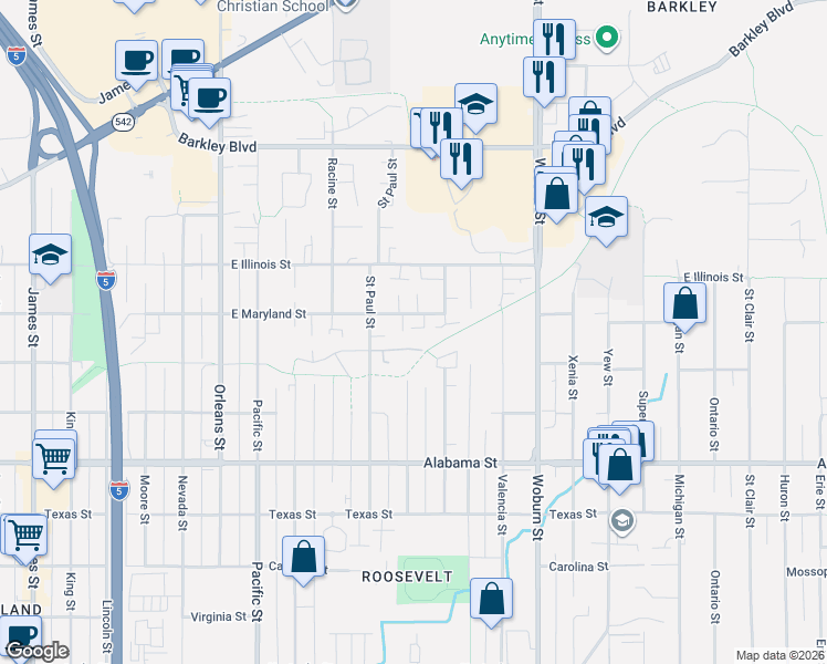 map of restaurants, bars, coffee shops, grocery stores, and more near 1812 East Maryland Street in Bellingham