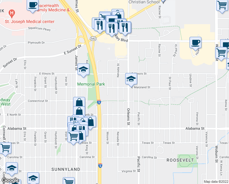 map of restaurants, bars, coffee shops, grocery stores, and more near 1104 East Maryland Street in Bellingham