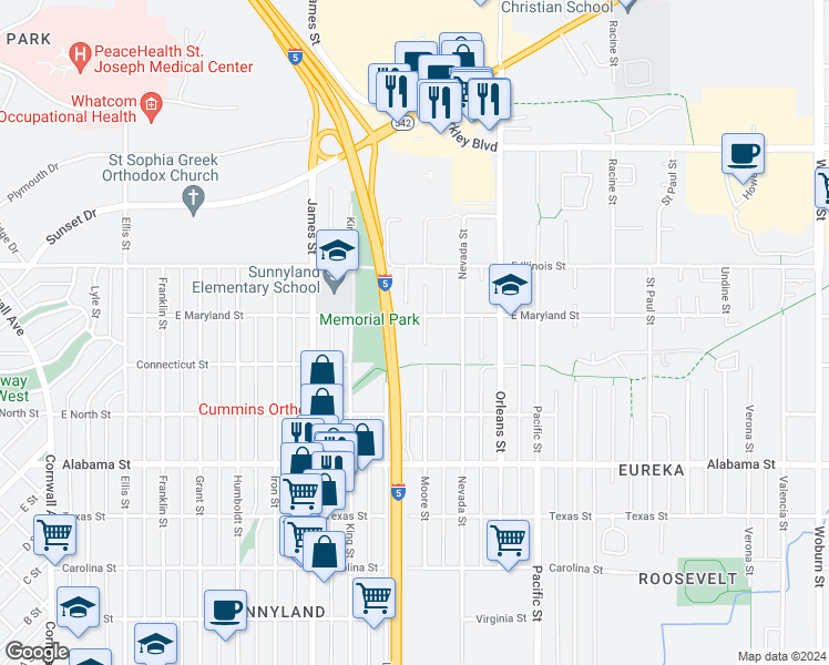 map of restaurants, bars, coffee shops, grocery stores, and more near 1018 East Maryland Street in Bellingham