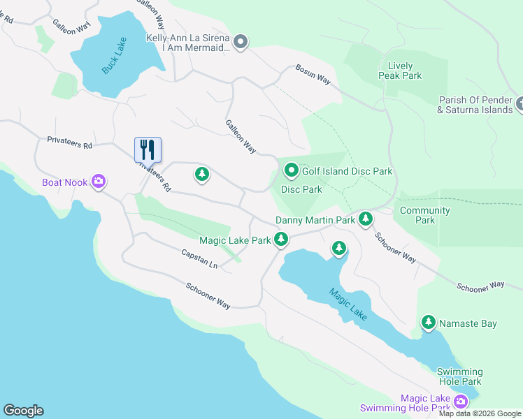 map of restaurants, bars, coffee shops, grocery stores, and more near 3762 Privateers Road in Pender Island
