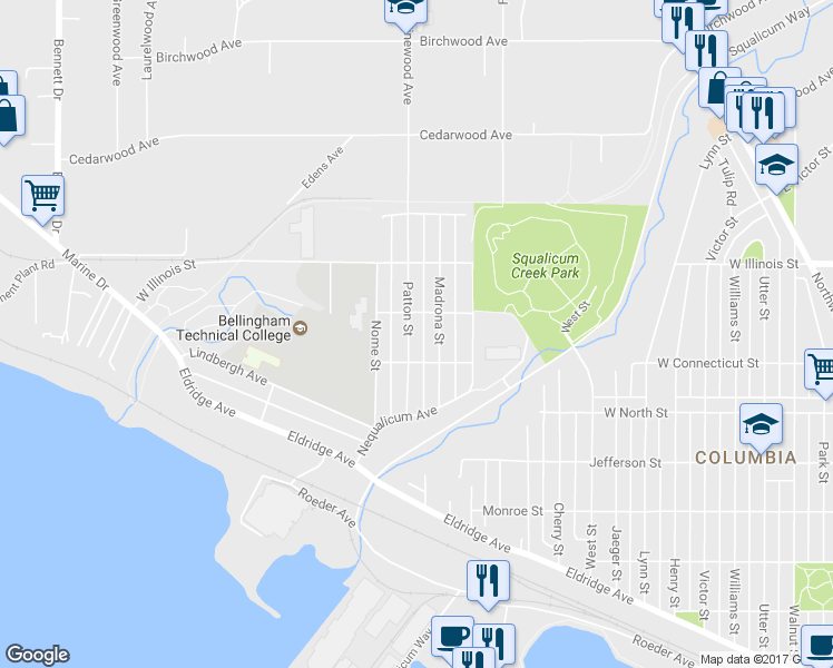 map of restaurants, bars, coffee shops, grocery stores, and more near 2720 Patton Street in Bellingham