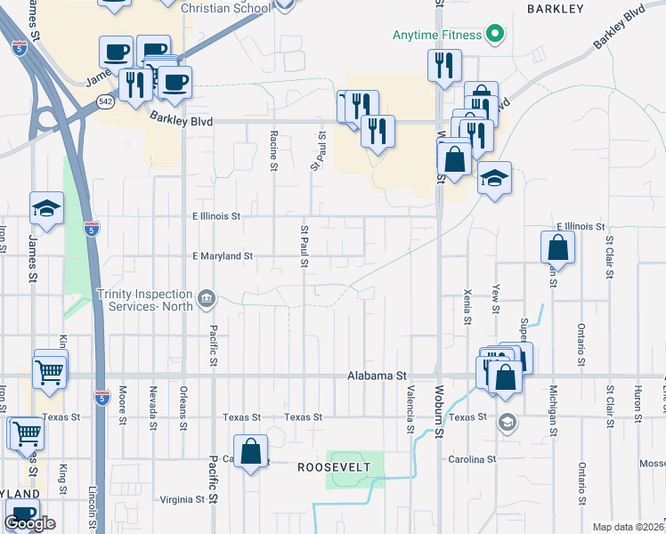 map of restaurants, bars, coffee shops, grocery stores, and more near 1716 East Maryland Street in Bellingham