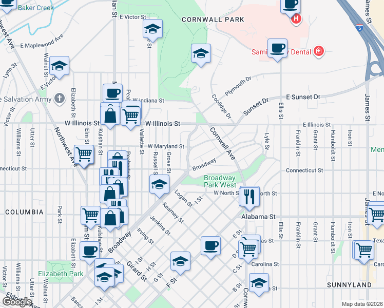 map of restaurants, bars, coffee shops, grocery stores, and more near 2620 Sunset Drive in Bellingham