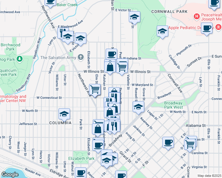 map of restaurants, bars, coffee shops, grocery stores, and more near 2718 Kulshan Street in Bellingham