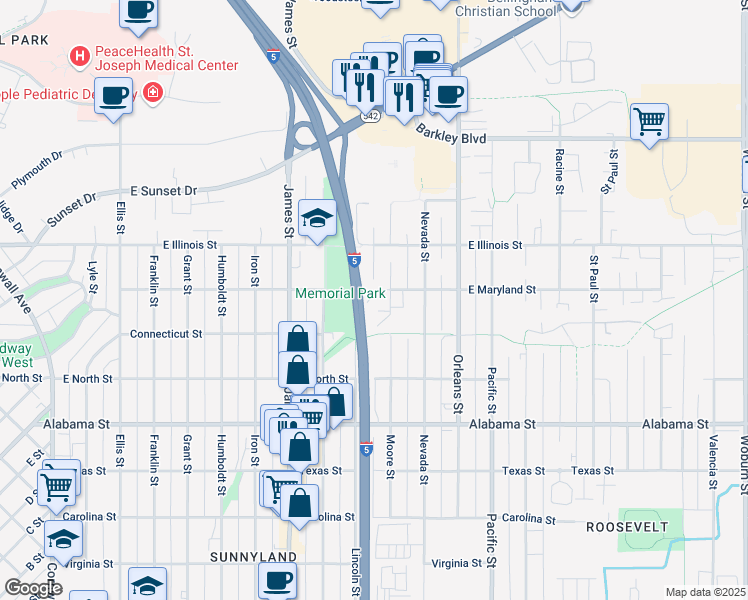 map of restaurants, bars, coffee shops, grocery stores, and more near 1018 East Maryland Street in Bellingham