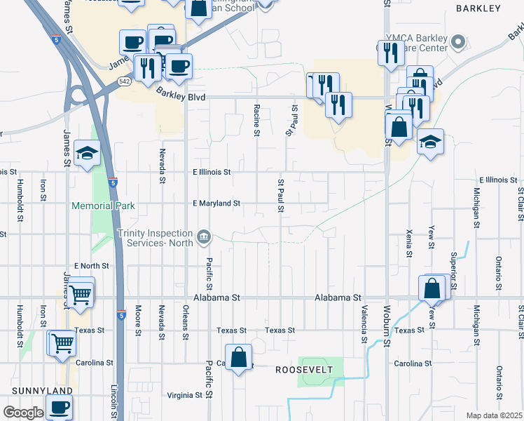map of restaurants, bars, coffee shops, grocery stores, and more near 1548 East Maryland Street in Bellingham