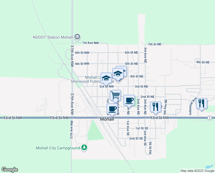 map of restaurants, bars, coffee shops, grocery stores, and more near 99 3rd St NW in Mohall