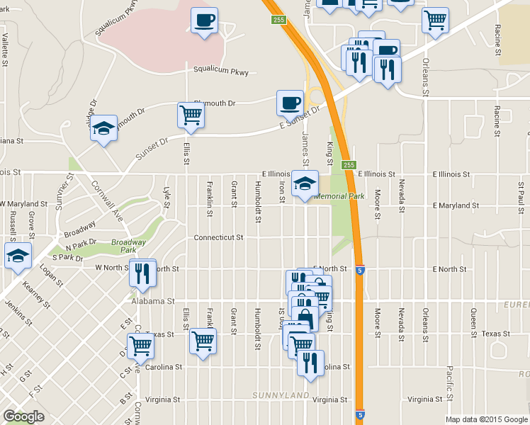 map of restaurants, bars, coffee shops, grocery stores, and more near 2732 Humboldt Street in Bellingham