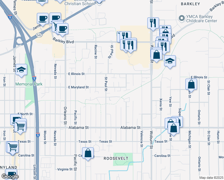 map of restaurants, bars, coffee shops, grocery stores, and more near 1716 East Maryland Street in Bellingham