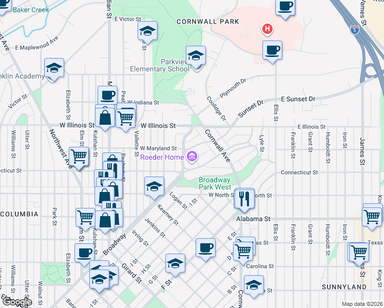 map of restaurants, bars, coffee shops, grocery stores, and more near 2620 Sunset Drive in Bellingham