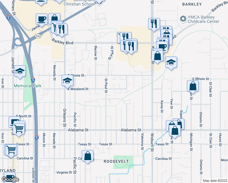 map of restaurants, bars, coffee shops, grocery stores, and more near 1716 East Maryland Street in Bellingham