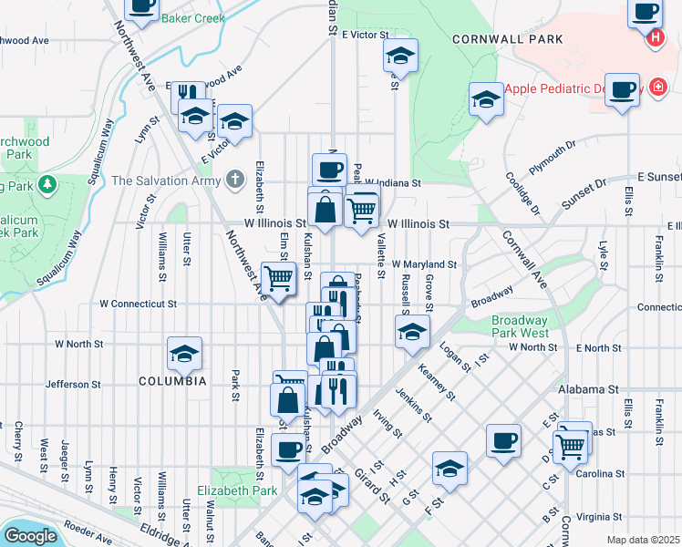map of restaurants, bars, coffee shops, grocery stores, and more near 2730 Meridian Street in Bellingham