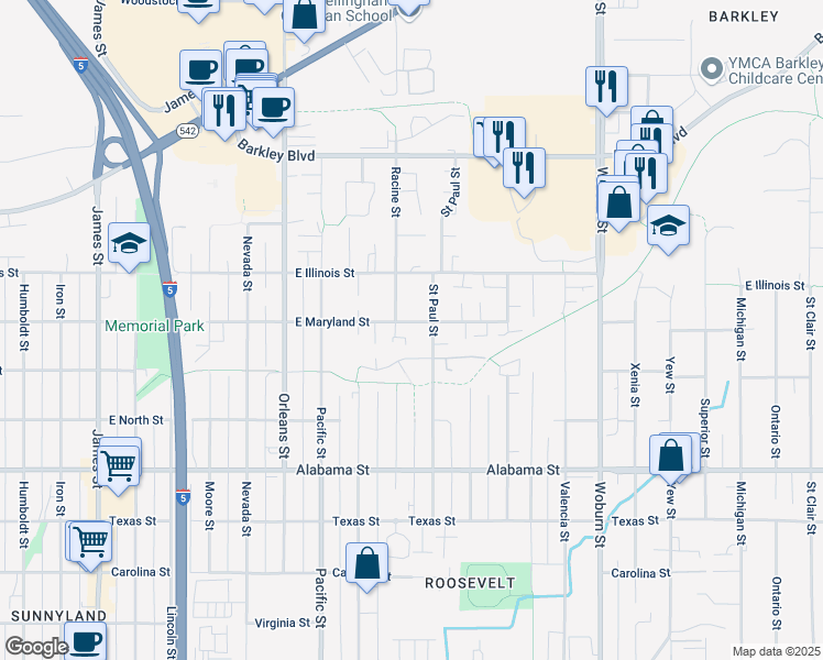 map of restaurants, bars, coffee shops, grocery stores, and more near 1608 East Maryland Street in Bellingham