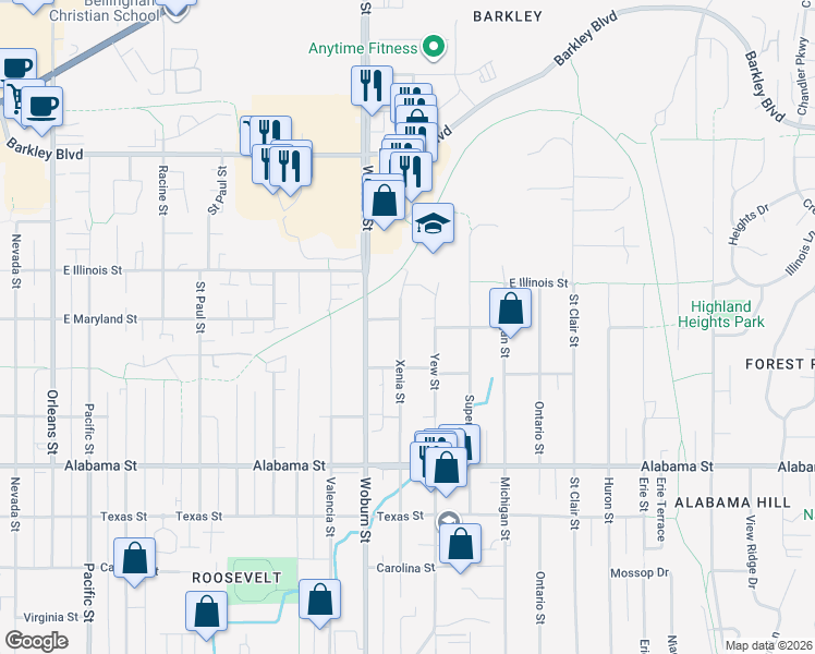 map of restaurants, bars, coffee shops, grocery stores, and more near 2728 Xenia Street in Bellingham