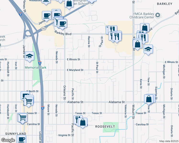 map of restaurants, bars, coffee shops, grocery stores, and more near 1542 East Maryland Street in Bellingham