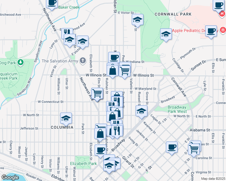 map of restaurants, bars, coffee shops, grocery stores, and more near 2718 Kulshan Street in Bellingham