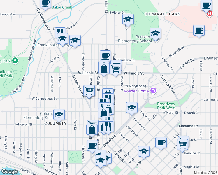 map of restaurants, bars, coffee shops, grocery stores, and more near 2730 Meridian Street in Bellingham