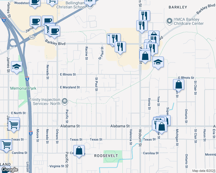 map of restaurants, bars, coffee shops, grocery stores, and more near 1812 East Maryland Street in Bellingham