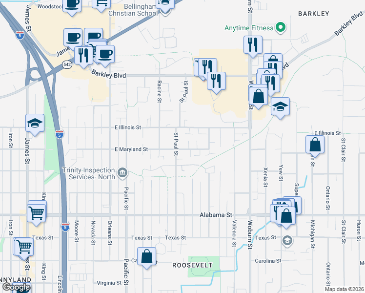 map of restaurants, bars, coffee shops, grocery stores, and more near 1716 East Maryland Street in Bellingham