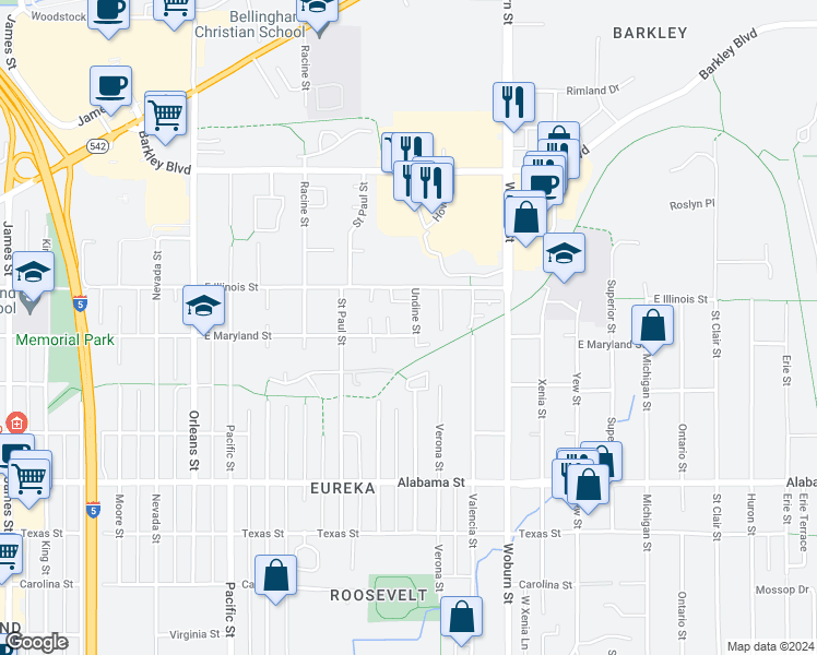 map of restaurants, bars, coffee shops, grocery stores, and more near 2805 Undine Street in Bellingham