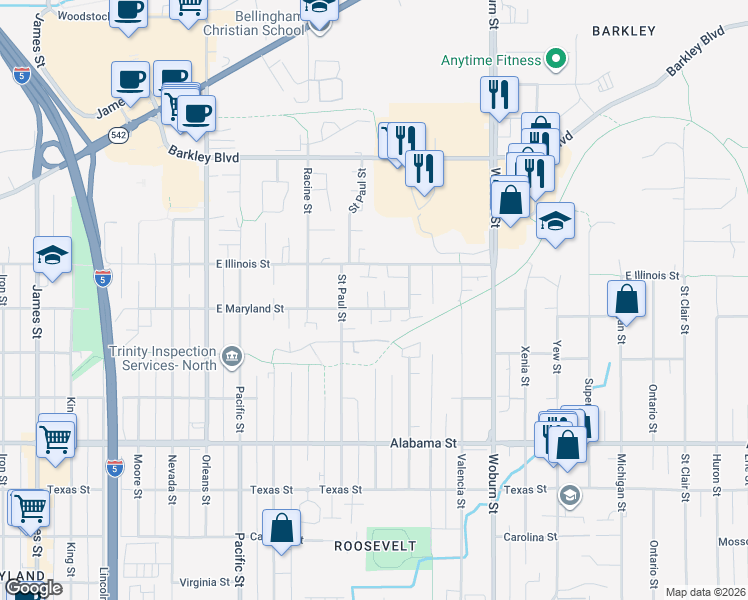 map of restaurants, bars, coffee shops, grocery stores, and more near 1716 East Maryland Street in Bellingham