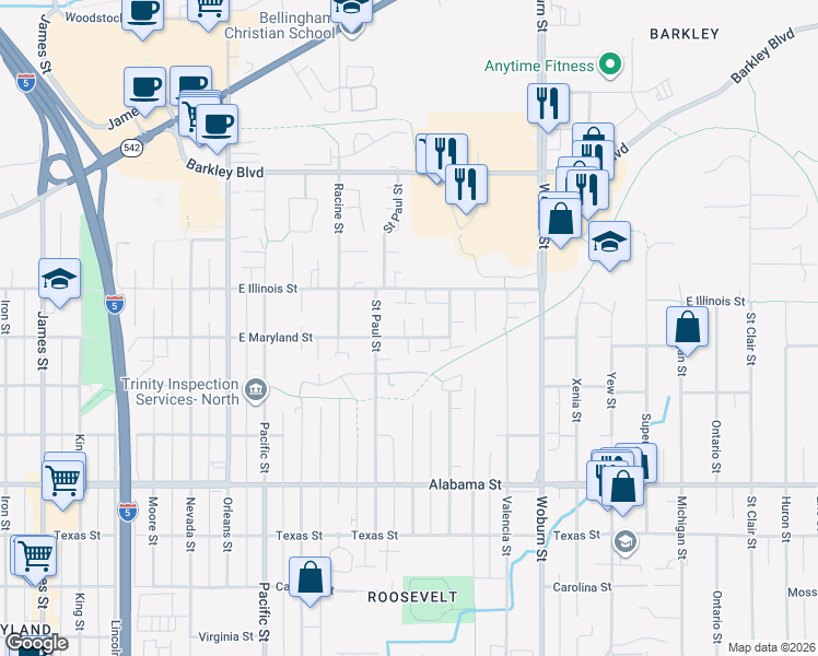 map of restaurants, bars, coffee shops, grocery stores, and more near 1716 East Maryland Street in Bellingham