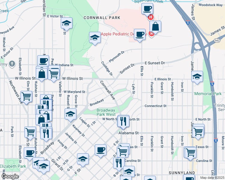map of restaurants, bars, coffee shops, grocery stores, and more near 2800 Cornwall Avenue in Bellingham