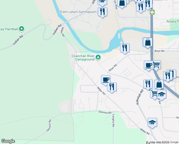 map of restaurants, bars, coffee shops, grocery stores, and more near 5355 Miller Road in Duncan